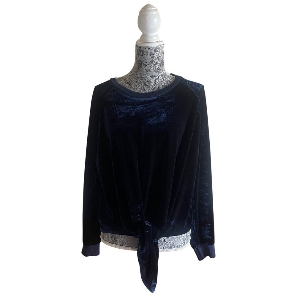 Rdi Crushed Velvet Tie Front Top Pullover Navy Blue Size Small